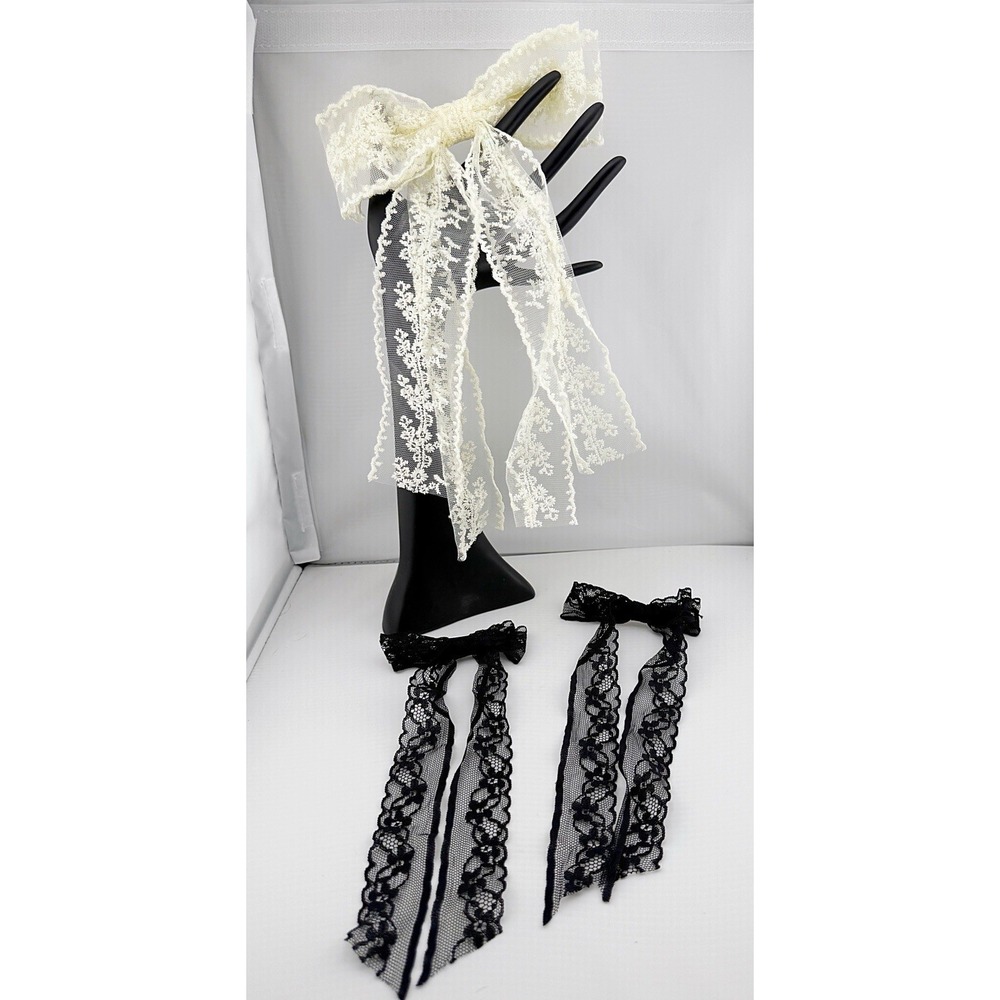Vintage Embroidered Lace Hair Bow Barrettes. Set Of 3. One White & 2 Black